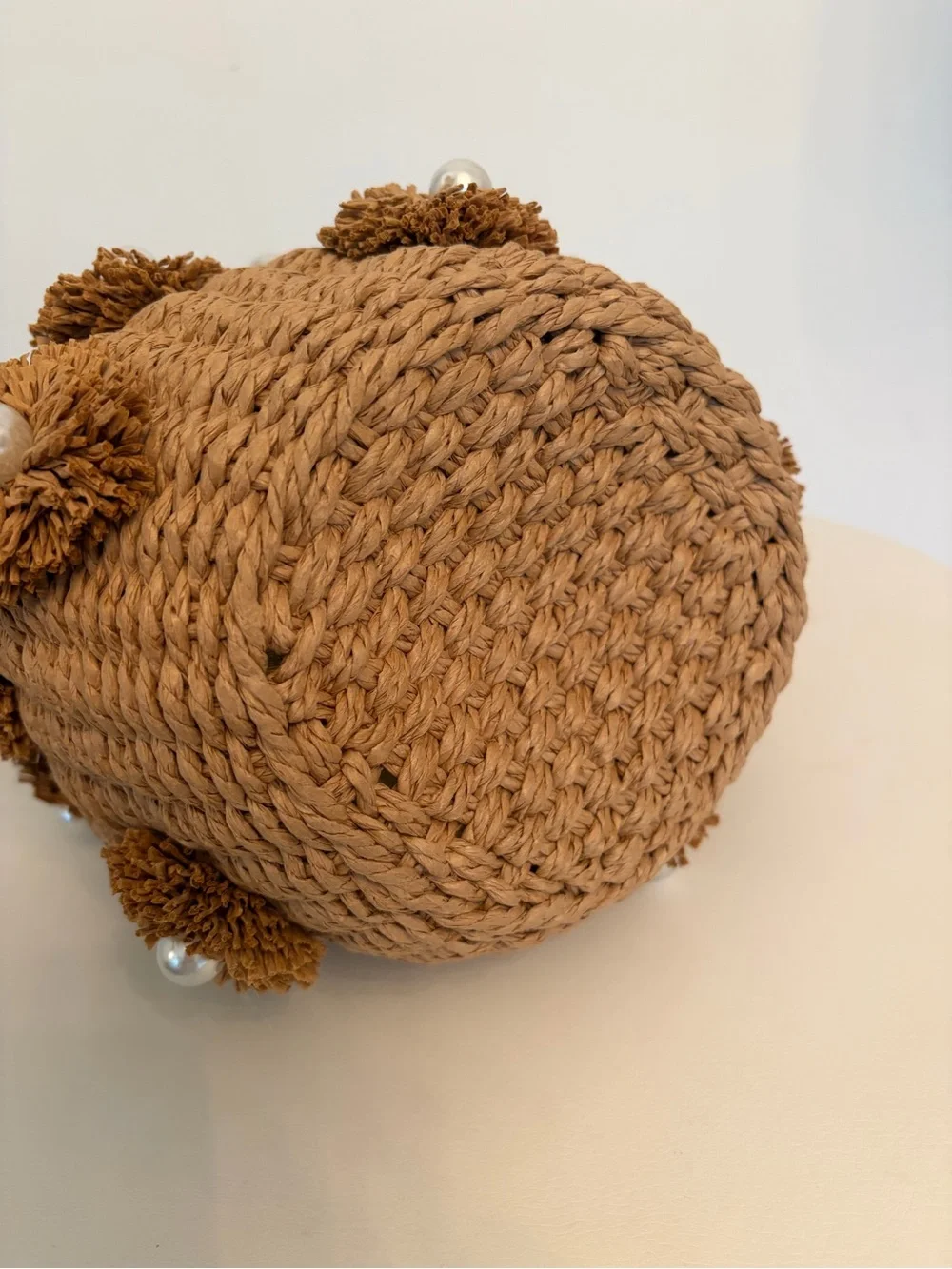 Handwoven Brown Raffia Basket Bag with Pearl Accents